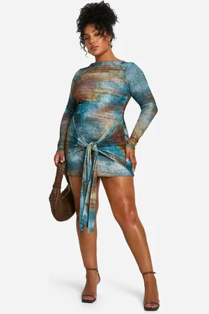 Boohoo Womens Plus Printed Tie Front Mesh Mini Dress
