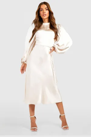 Boohoo Womens Satin High Neck Balloon Sleeve Midi Dress