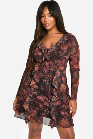 Boohoo Womens Plus Animal Print Ruffle Shift Dress