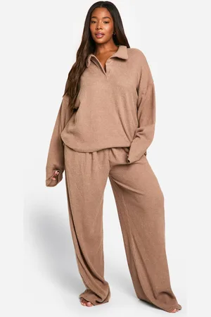Boohoo Womens Plus Soft Rib Collared Top & Trouser Lounge Set