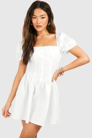 Boohoo Womens Puff Sleeve Cotton Rouched Milkmaid Mini Dress