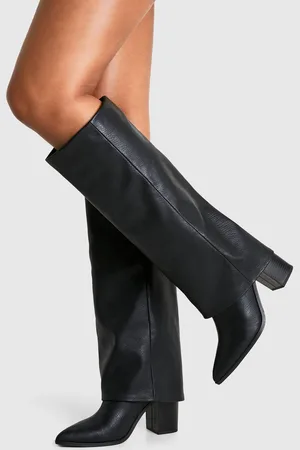 Boohoo Womens Textured Foldover Stacked Heel Knee High Boots