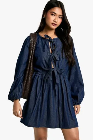 Boohoo Womens Tie Detail Denim Dress