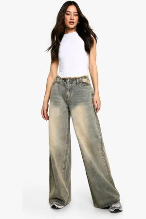 Boohoo Womens Tall Raw Waistband Wide Leg Jeans