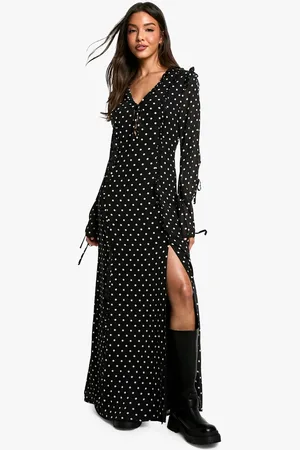 Boohoo Womens Polka Dot Chiffon Flare Sleeve Maxi Dress