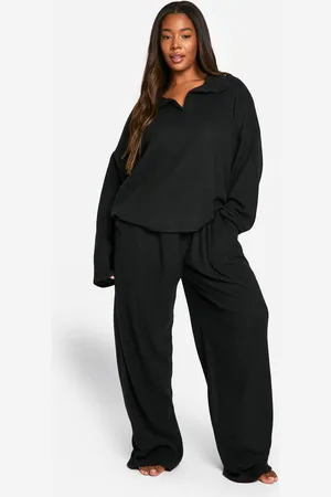 Boohoo Womens Plus Soft Rib Collared Top & Trouser Lounge Set