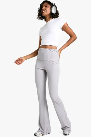 Boohoo Womens Tall Fold Over Waist Soft Rib Flare Trouser