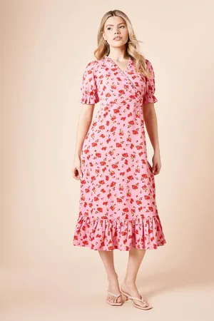 Dorothy Perkins Womens Floral Wrap Front Frill Detail Tiered Hem Midi Dress