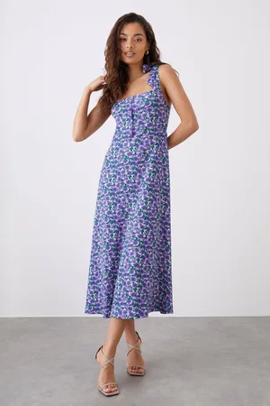 Dorothy Perkins Womens Petite Floral Button Front Tie Shoulder Midi Dress