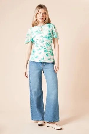 Dorothy Perkins Womens Floral Keyhole Ruched Front Angel Sleeve Mesh Top