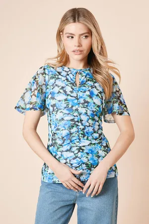 Dorothy Perkins Womens Floral Keyhole Ruched Front Angel Sleeve Mesh Top