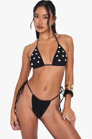 Boohoo Womens Shell Trim Embellished Triangle Bikini Top & Tanga Tie Side Bottoms Bikini Set