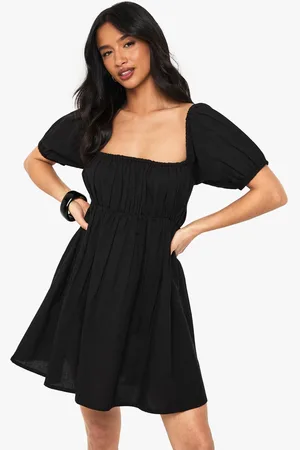 Boohoo Womens Petite Linen Puff Sleeve Smock Mini Dress
