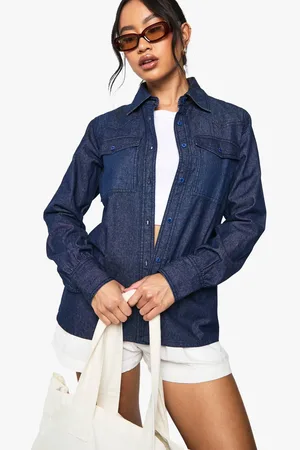 Boohoo Womens Chambray Denim Long Sleeve Western Shirt