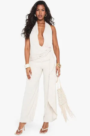 Boohoo Womens Linen Look Drape Cowl Wrap Jumpsuit