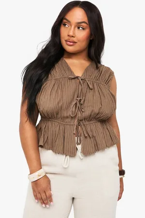 Boohoo Womens Plus Tie Front Peplum Linen Stripe