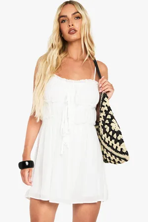 Boohoo Womens Textured Ruched Tie Mini Smock Dress