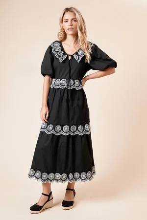 Dorothy Perkins Womens Petite Embroidered Tiered Midi Dress