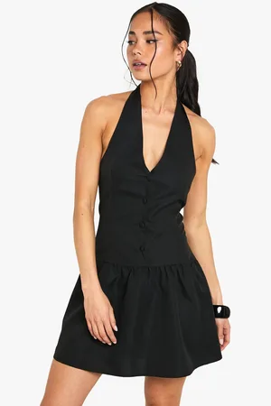 Boohoo Womens Halterneck Button Down Smock Dress