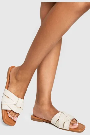 Boohoo Womens Linen Woven Basic Mule Sandals