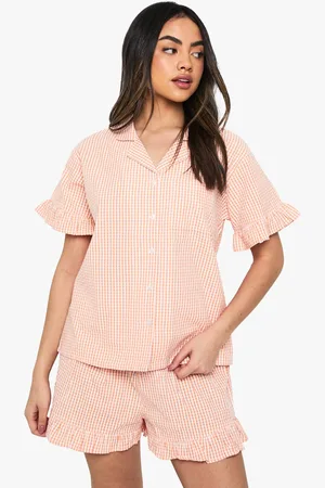 Boohoo Womens Gingham Ruffle Detail Short Sleeve Shirt & Shorts Pyjama Set