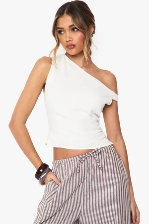 Boohoo Womens Twist Detail Off The Shoulder Linen Look Crop Top