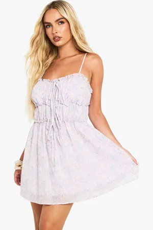 Boohoo Womens Ditsy Floral Textured Ruched Tie Mini Smock Dress