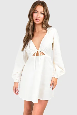 Boohoo Womens Linen Look Tie Front Puff Sleeve Mini Dress