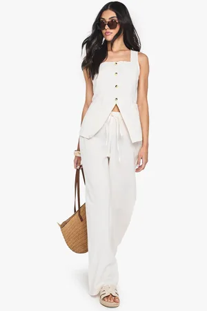 Boohoo Womens Linen Look Square Neck Waistcoat And Tailored Wide Leg Trousers Co-Ord