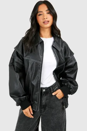 Boohoo Womens Petite Pu Contrast Stitch Oversized Bomber Jacket
