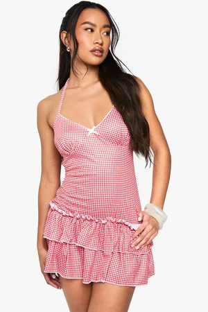 Boohoo Womens Gingham Strappy Tiered Mini Dress