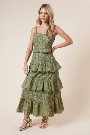 Dorothy Perkins Womens Petite Linear Floral Printed Ruffle Pom Pom Midi Dress