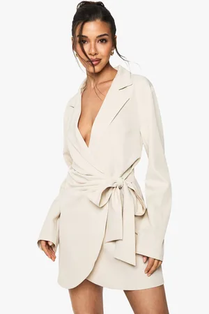 Boohoo Womens Linen Look Wrap Drape Front Tailored Blazer Dress