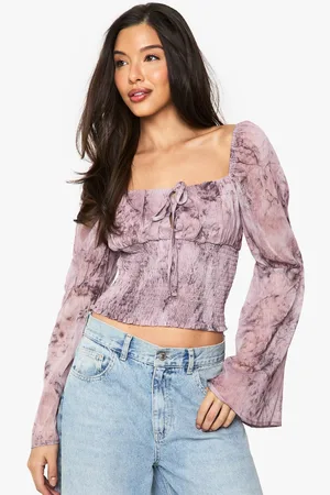 Boohoo Womens Floral Chiffon Tie Front Shirred Blouse