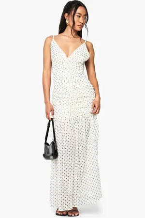 Boohoo Womens Polka Dot Ruched Plunge Maxi Dress
