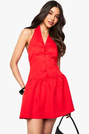 Boohoo Womens Halterneck Button Down Smock Dress