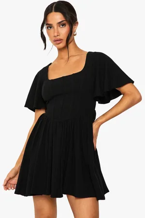 Boohoo Womens Petite Linen Mix Corset Angel Sleeve Skater Dress