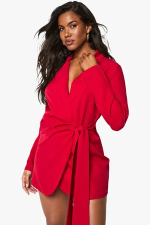 Boohoo Womens Linen Look Wrap Drape Front Tailored Blazer Dress