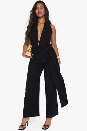 Boohoo Womens Linen Look Drape Cowl Wrap Jumpsuit