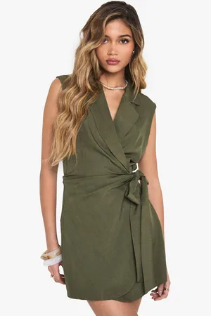 Boohoo Womens Linen Look Wrap Drape Front Sleeveless Blazer Dress