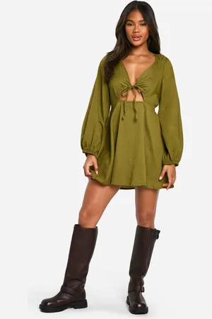 Boohoo Womens Linen Look Tie Front Puff Sleeve Mini Dress