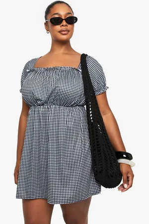 Boohoo Womens Plus Gingham Puff Sleeve Smock Dress