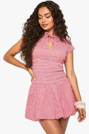Boohoo Womens Textured Gingham Shirred Waist Keyhole Mini Dress