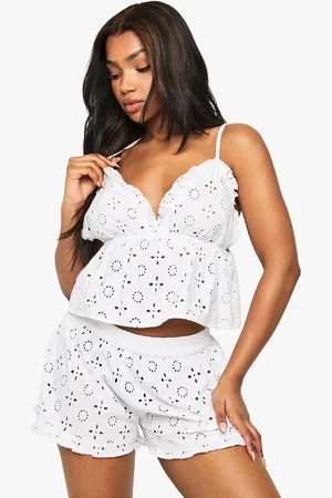 Boohoo Womens Broderie Anglaise Ruffle Detail Cami Top & Shorts Pyjama Set