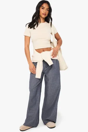 Boohoo Womens Petite Stripe Drawstring Wide Leg Trousers