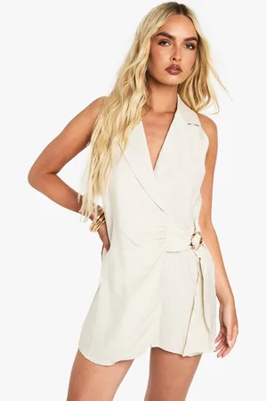 Boohoo Womens Linen Look Buckle Detail Tie Waist Tailored Skort Playsuit