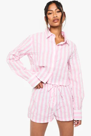 Boohoo Womens Seersucker Wide Stripe Crop Shirt and Shorts Co-ord