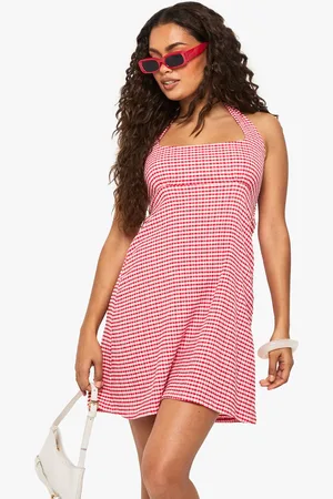 Boohoo Womens Textured Gingham Halterneck Swing Mini Dress