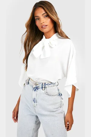 Boohoo Womens Woven Tie Neck Floaty Flared Sleeve Blouse