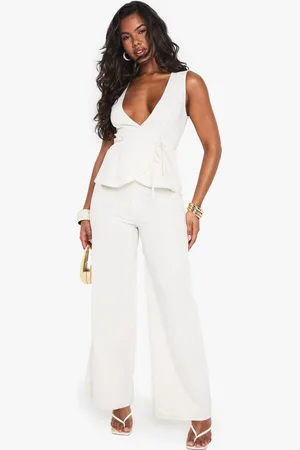 Boohoo Womens Linen Look Wide Leg Plunge Jumpsuit